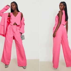 Boohoo Pink V neck Crop Top & Tailored Wide Leg Trouser Set